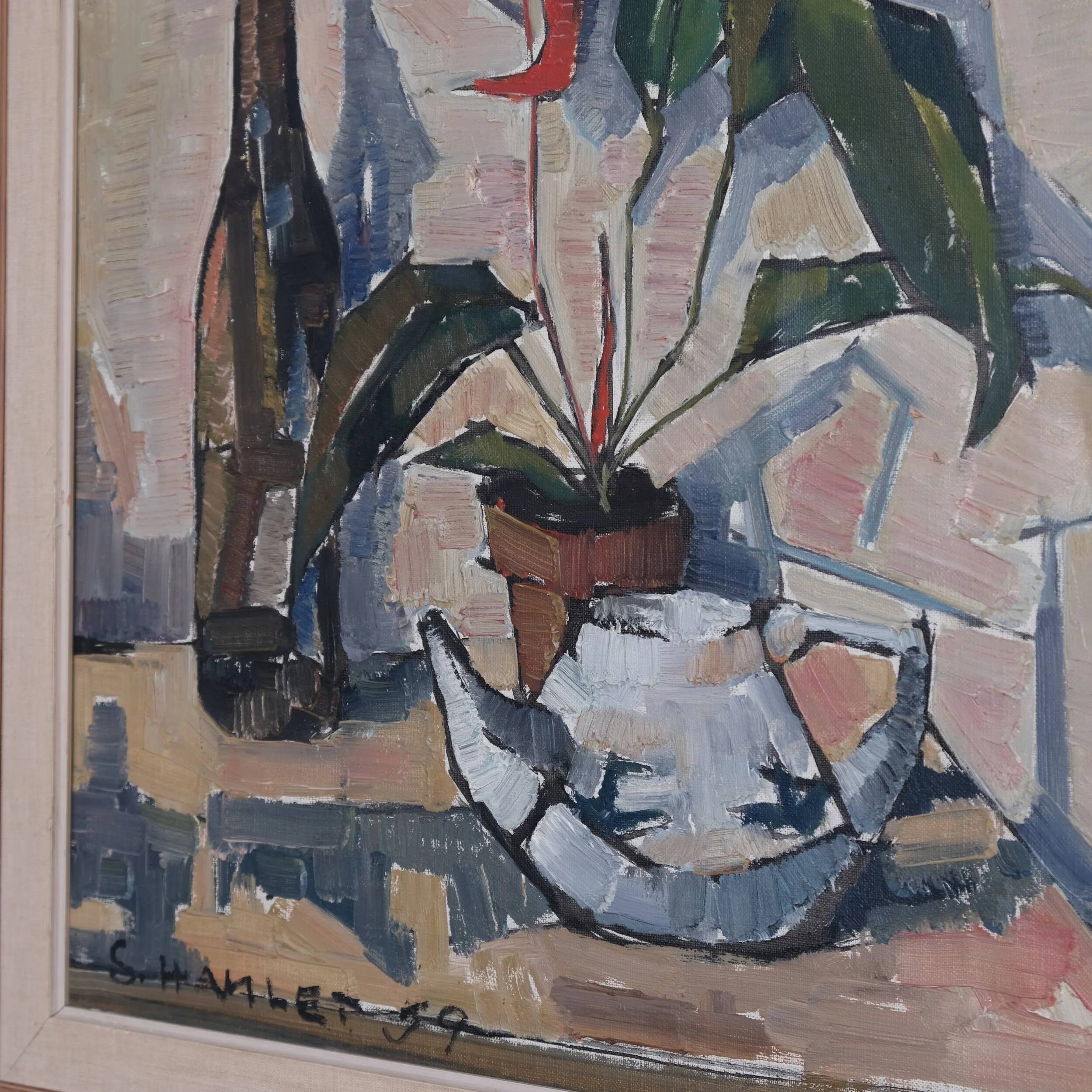 Sven-Olof Hamlet nature morte peinture à l'huile avec plante | 1959
