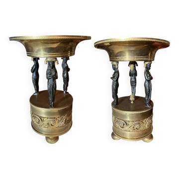 Tazzas en bronze et en laiton de l'Empire italien avec sphinx, années 1800, ensemble de 2