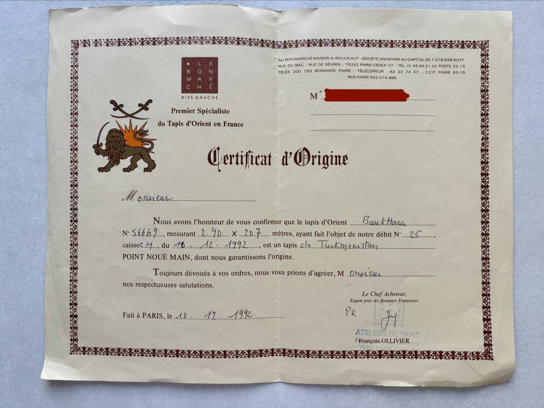 Turkmen Bukhara carpet hand-knotted – 290 x 207 cm – in perfect condition – certificate