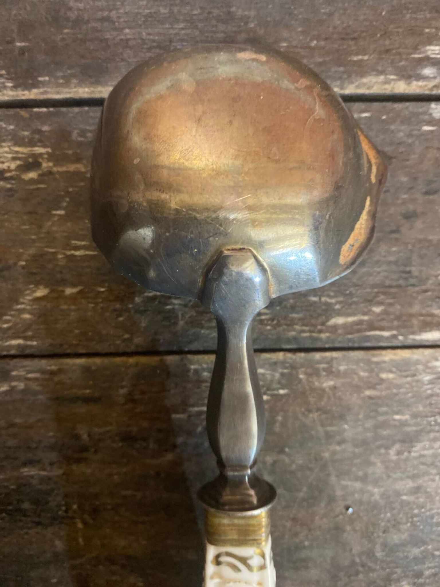Old Silver-Plated Metal Serving Spoon + Porcelain Handle