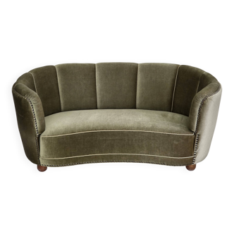 1970s, 2-seater Danish "Banana" sofa, furniture velour, oak wood legs.