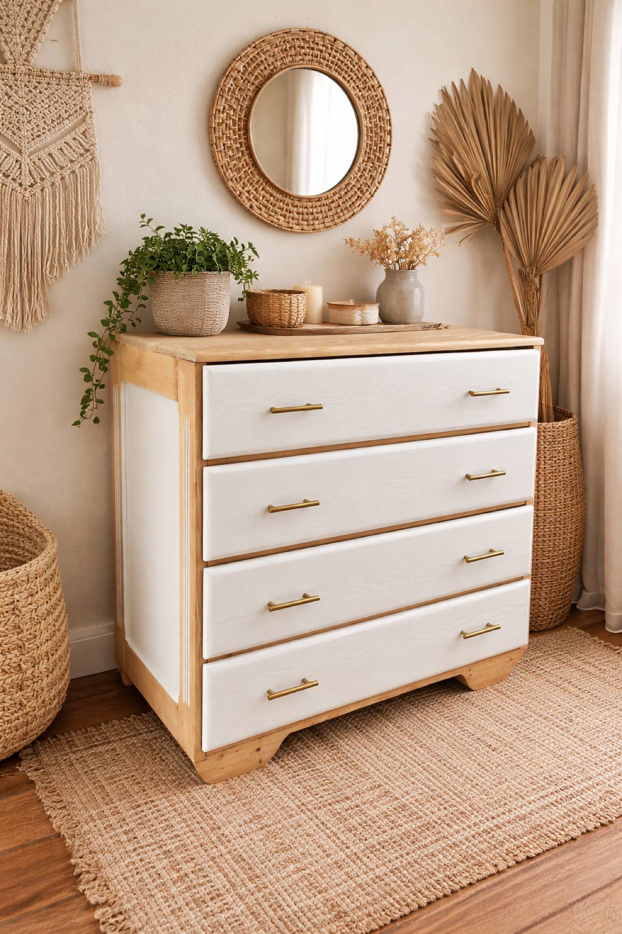 Commode style atelier rénovée blanche et bois