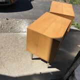 Pair of mid-century blonde lacquered bedside tables with metal legs, 1950s - set of 2