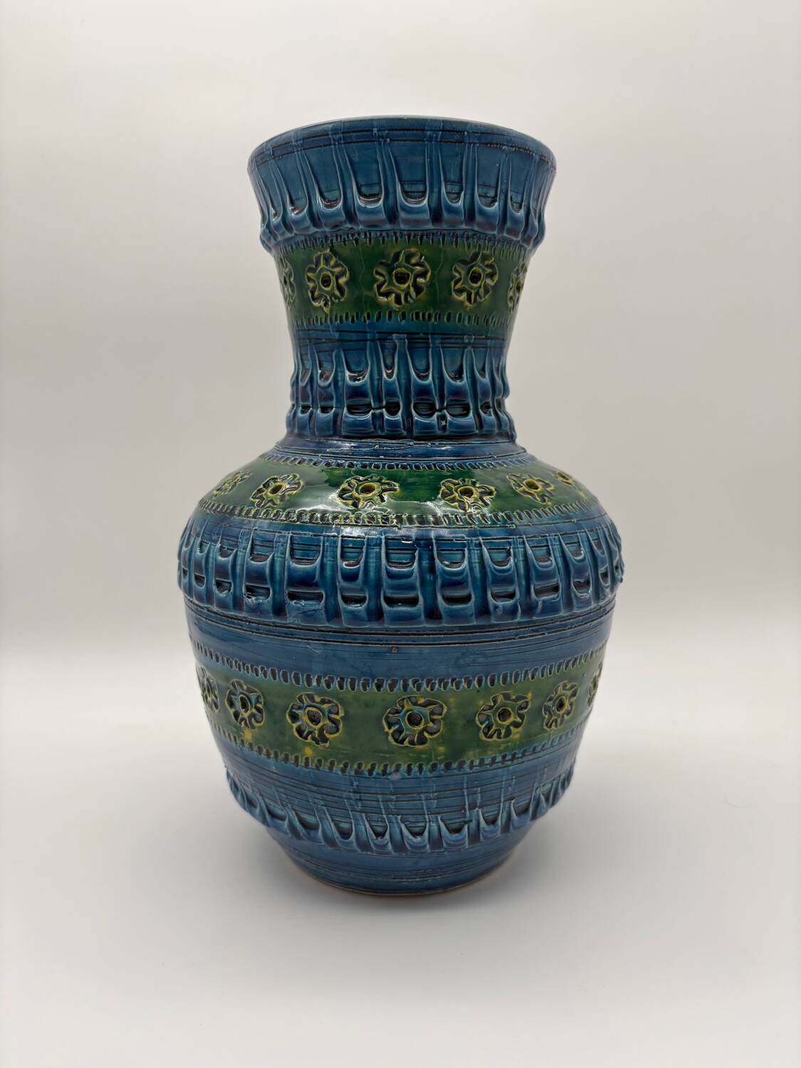 Aldo Londi vase, Rimini Blue, blue-green glazed ceramic, Bitossi, 1960