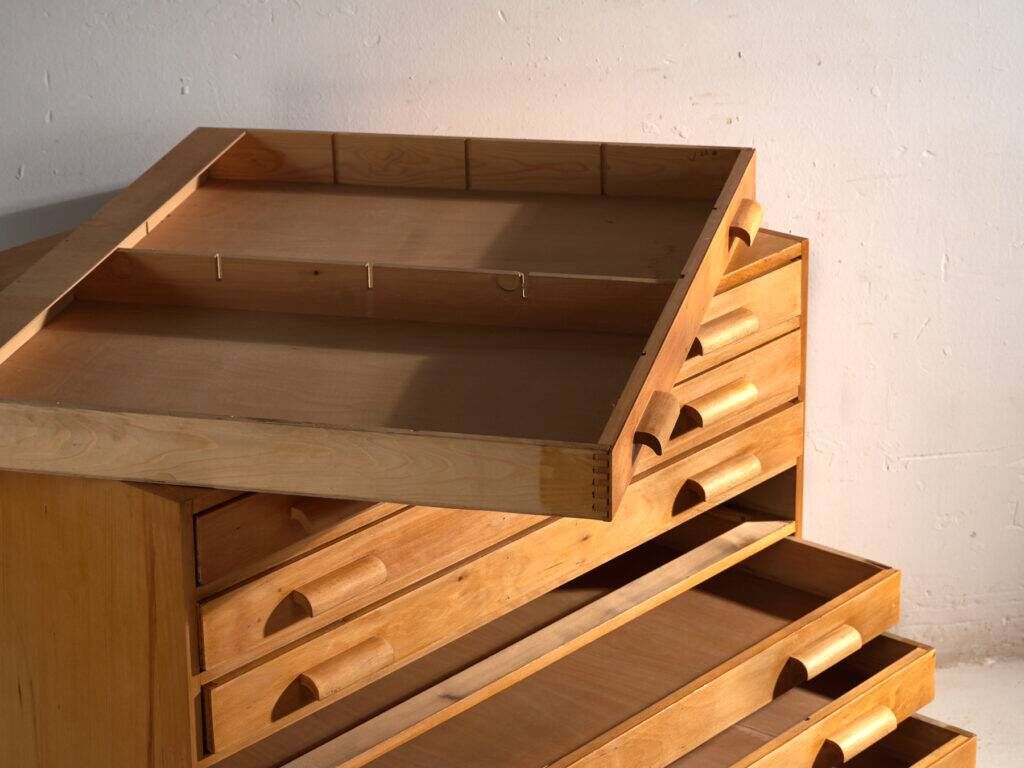 Antique plan cabinet in beech wood – Central Europe, around 1950