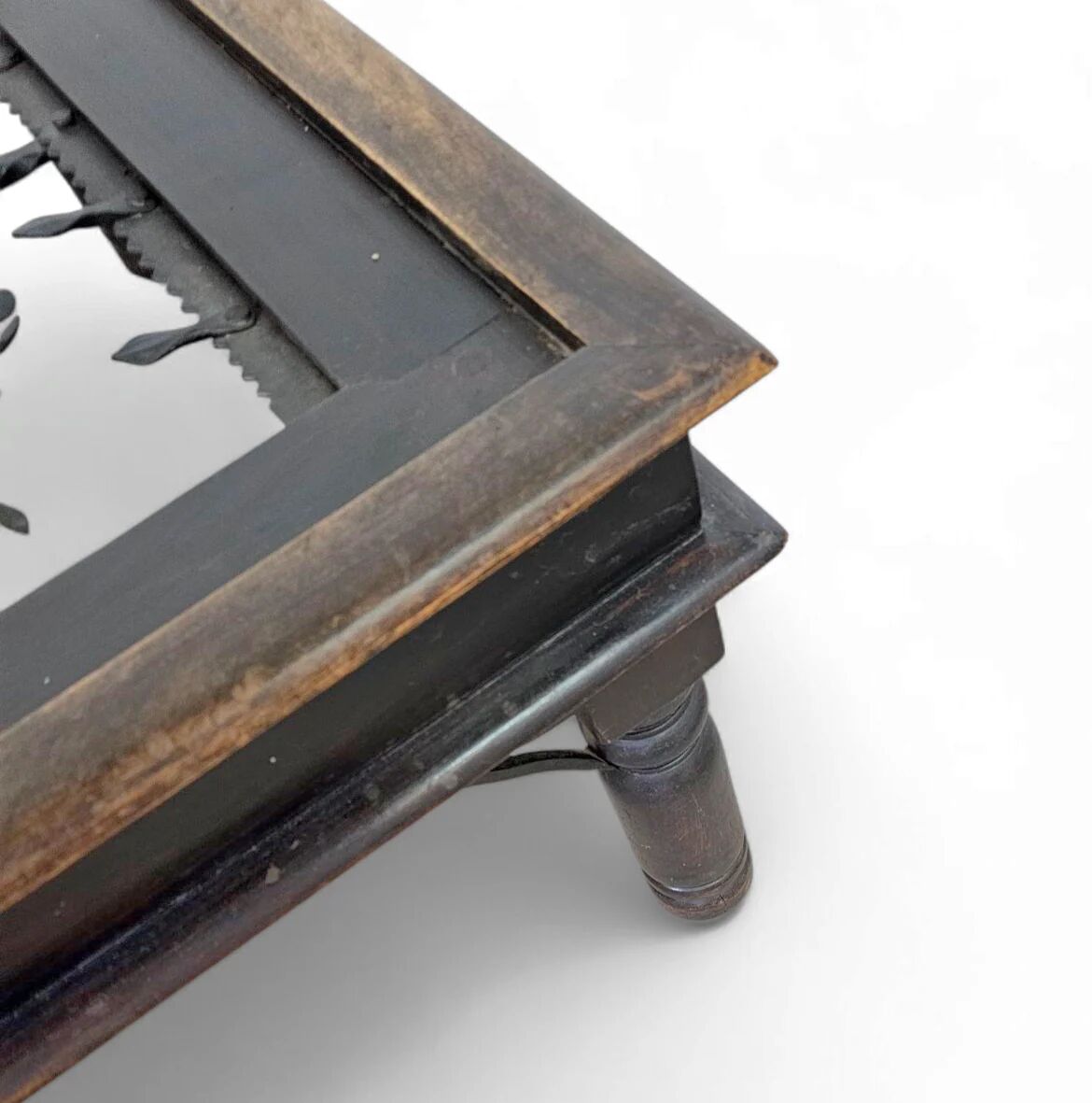 French brutalist coffee table, forged wrought iron, shepherd with dog and his herd, 1970s, transparent glass top