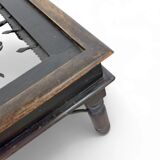 French brutalist coffee table, forged wrought iron, shepherd with dog and his herd, 1970s, transparent glass top