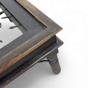 French brutalist coffee table, forged wrought iron, shepherd with dog and his herd, 1970s, transparent glass top