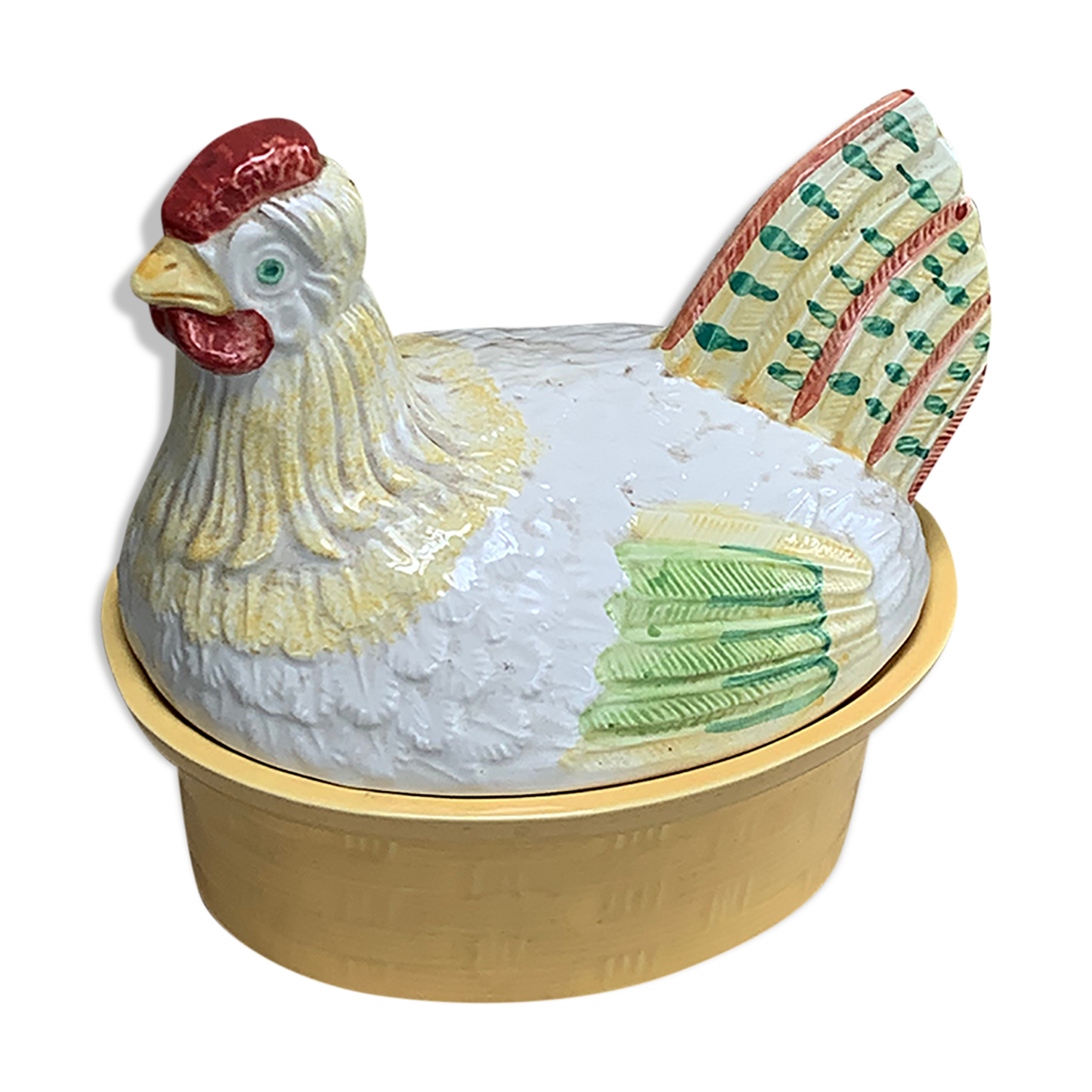Terrine hen slurry in vintage glazed ceramic