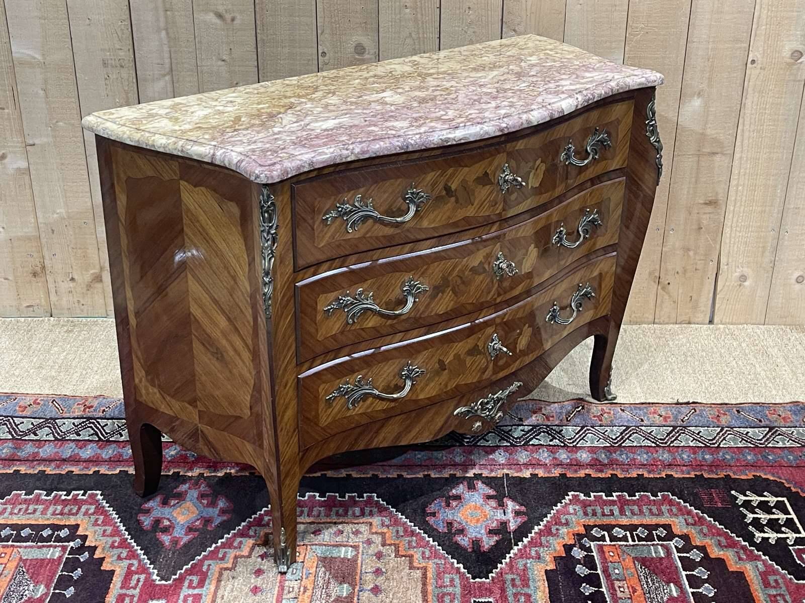 Louis XV style chest of drawers in rosewood, oak and marble top, made in the 70s