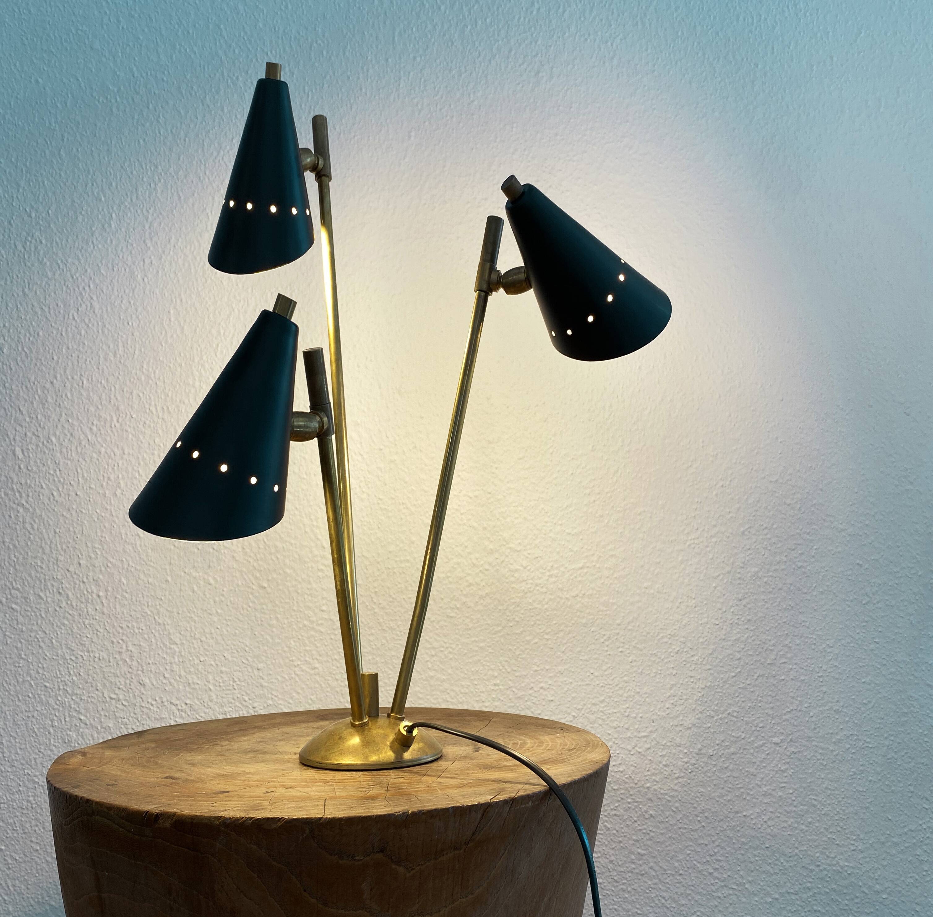 Italian three-headed brass lamp, 50s design
