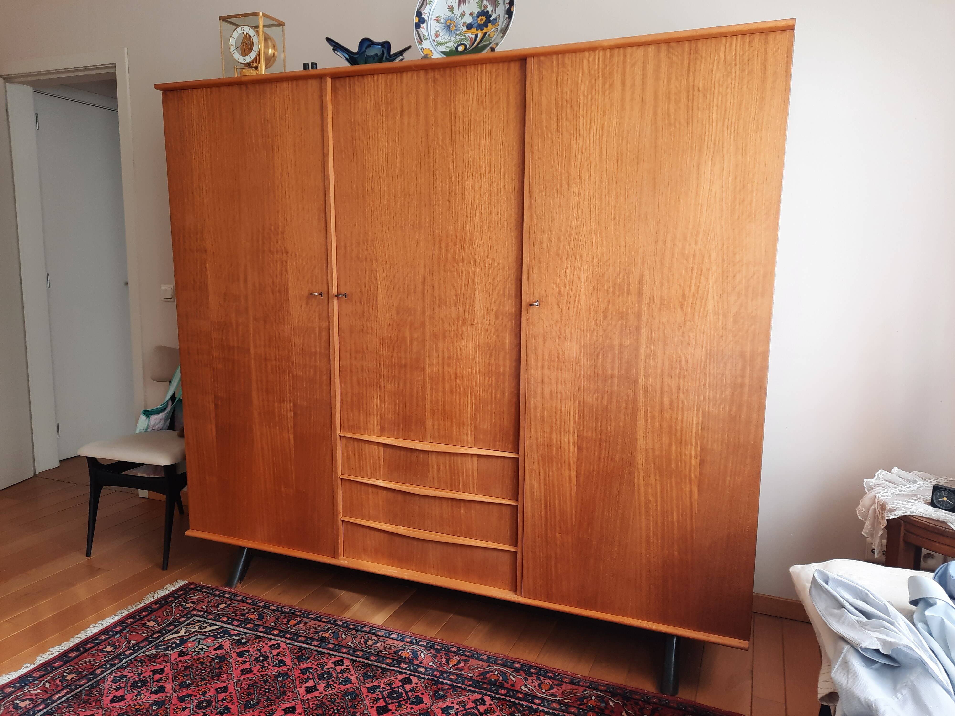 Vintage 50s polished wood wardrobe with mirror