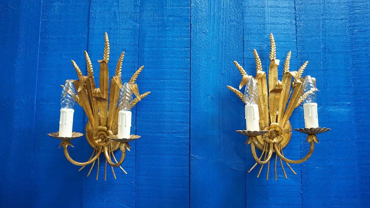 Italian 1960 Hollywood Regency Gilt Metal Sheaf of Wheat Wall Sconces, 1 of 7
