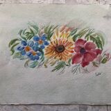 Peinture aquarelle fleurs sur papier, signé fields, non daté, sans cadre, bleu orange rouge naif