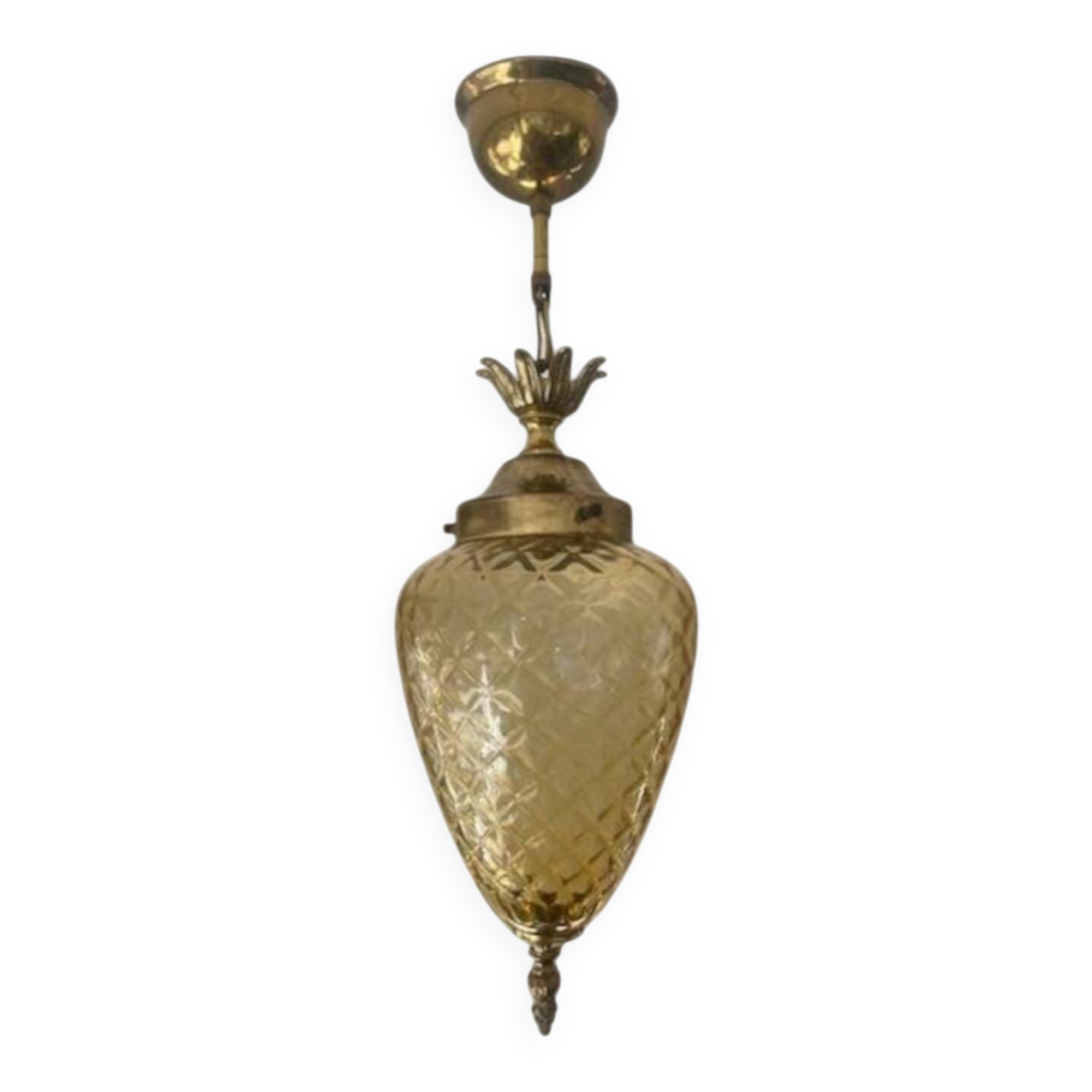 Superbe lustre ananas en verre ambré et laiton
