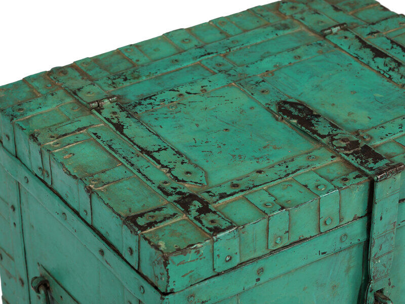 Coffre ancien vert metal et bois vieux teck piece et patine d'origine inde