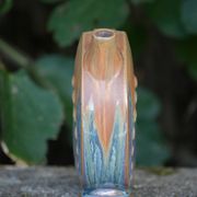 Flamed enameled stoneware bottle, pitcher, liquor bottle signed Denbac number 610, art vase