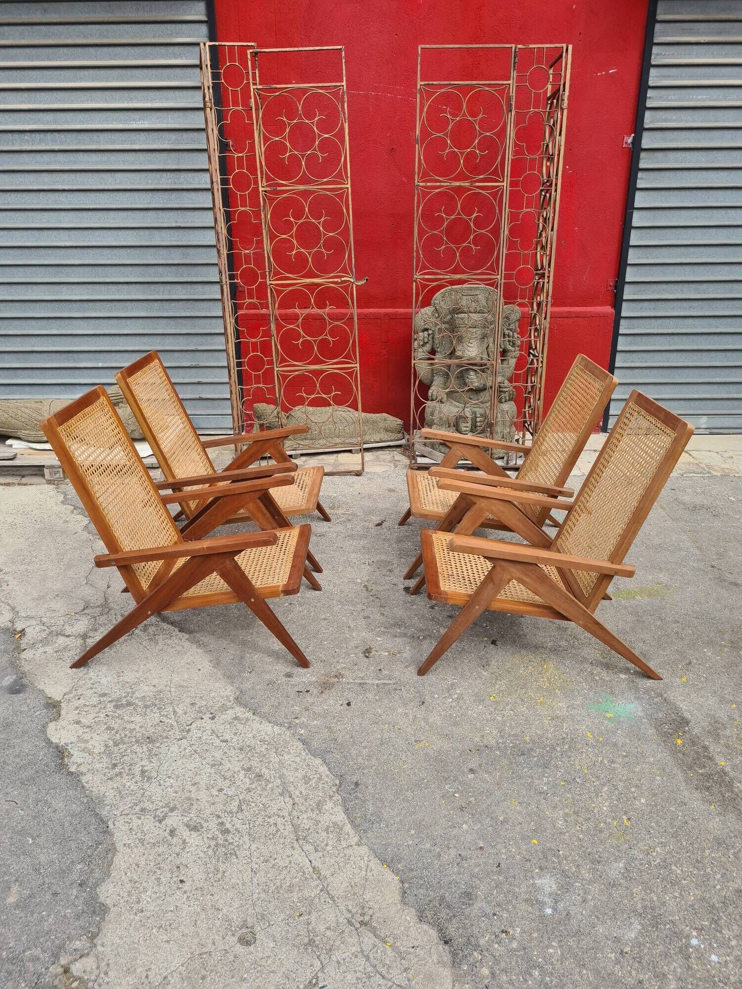 Pair of compass foot armchairs in solid mahogany and cannage 50s