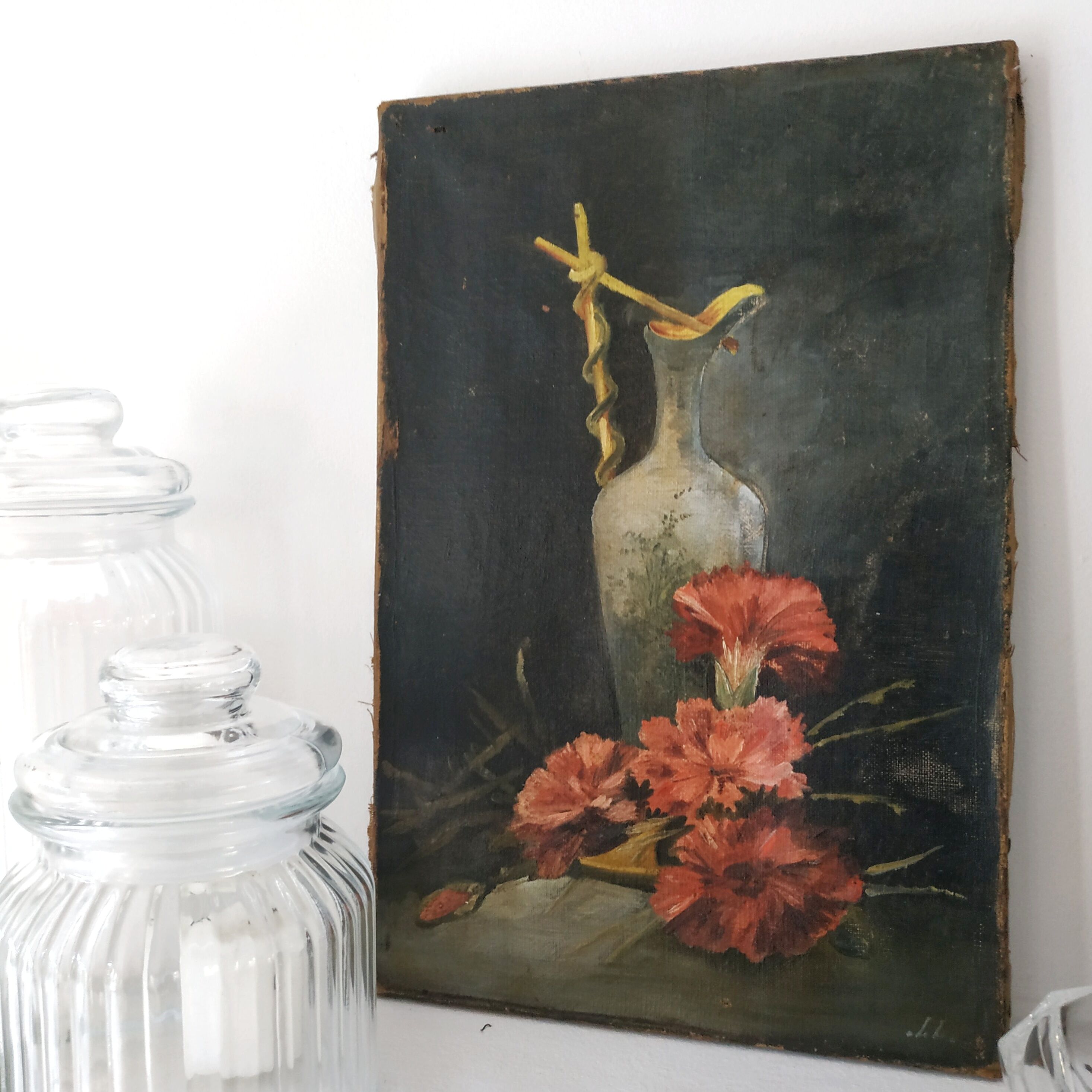 Old pitcher painting with carnations