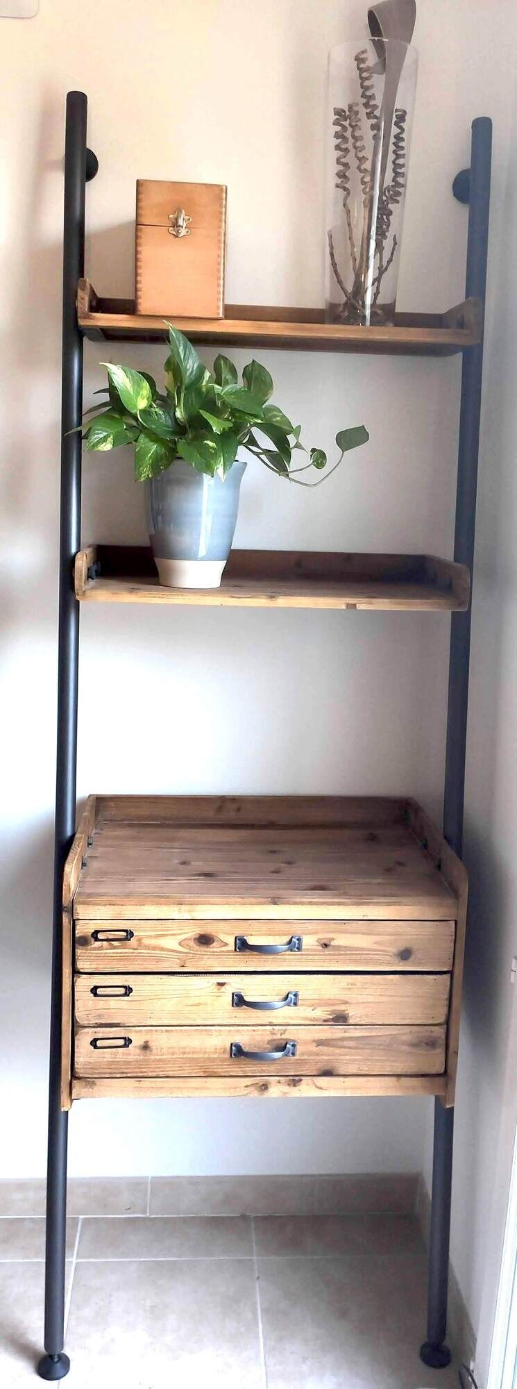 Large shelf drawers wood fir / metal 67 x 200 cm