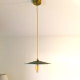 Vintage green enamelled metal suspension, antique industrial light fixture.