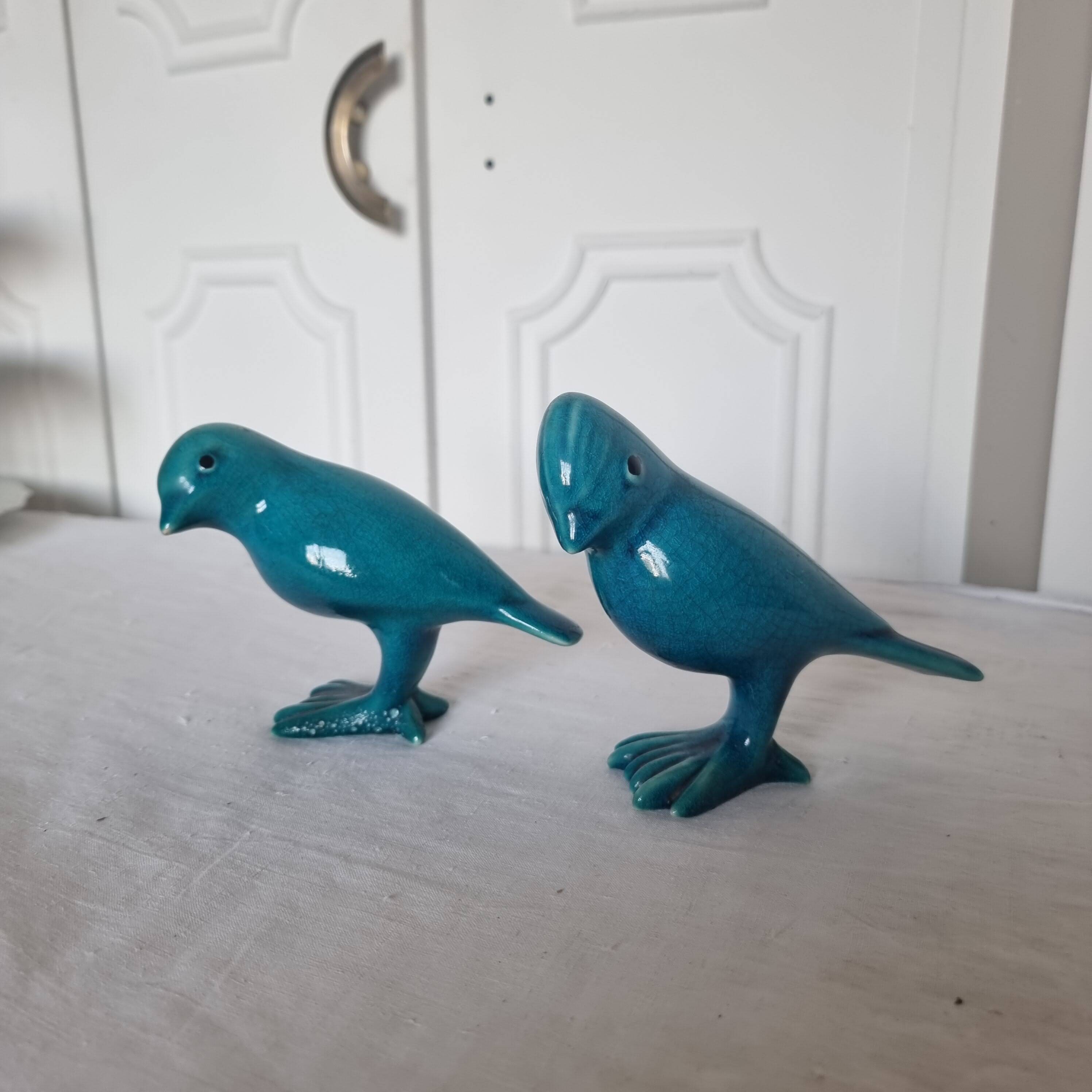 Pair of Art Deco Birds in Blue Porcelain from the 40s-50s signed