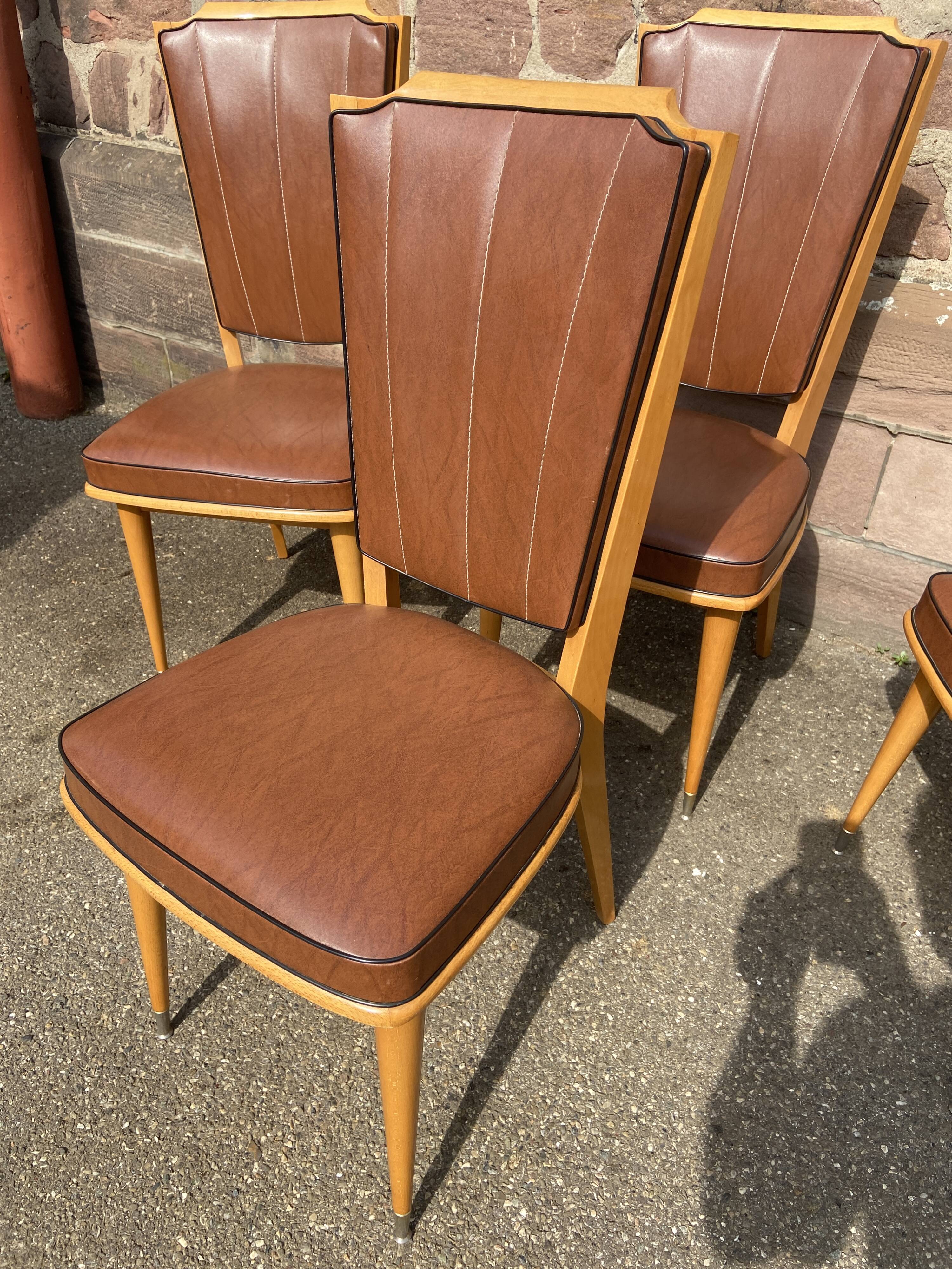 4 vintage chairs 1950 mid-century Scandinavian compass feet imitation leather Skaï