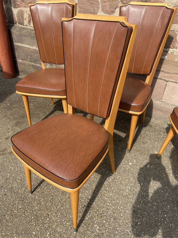 Set de 4 chaises vintage 1950 mid-century scandinave pieds compas simili cuir Skaï