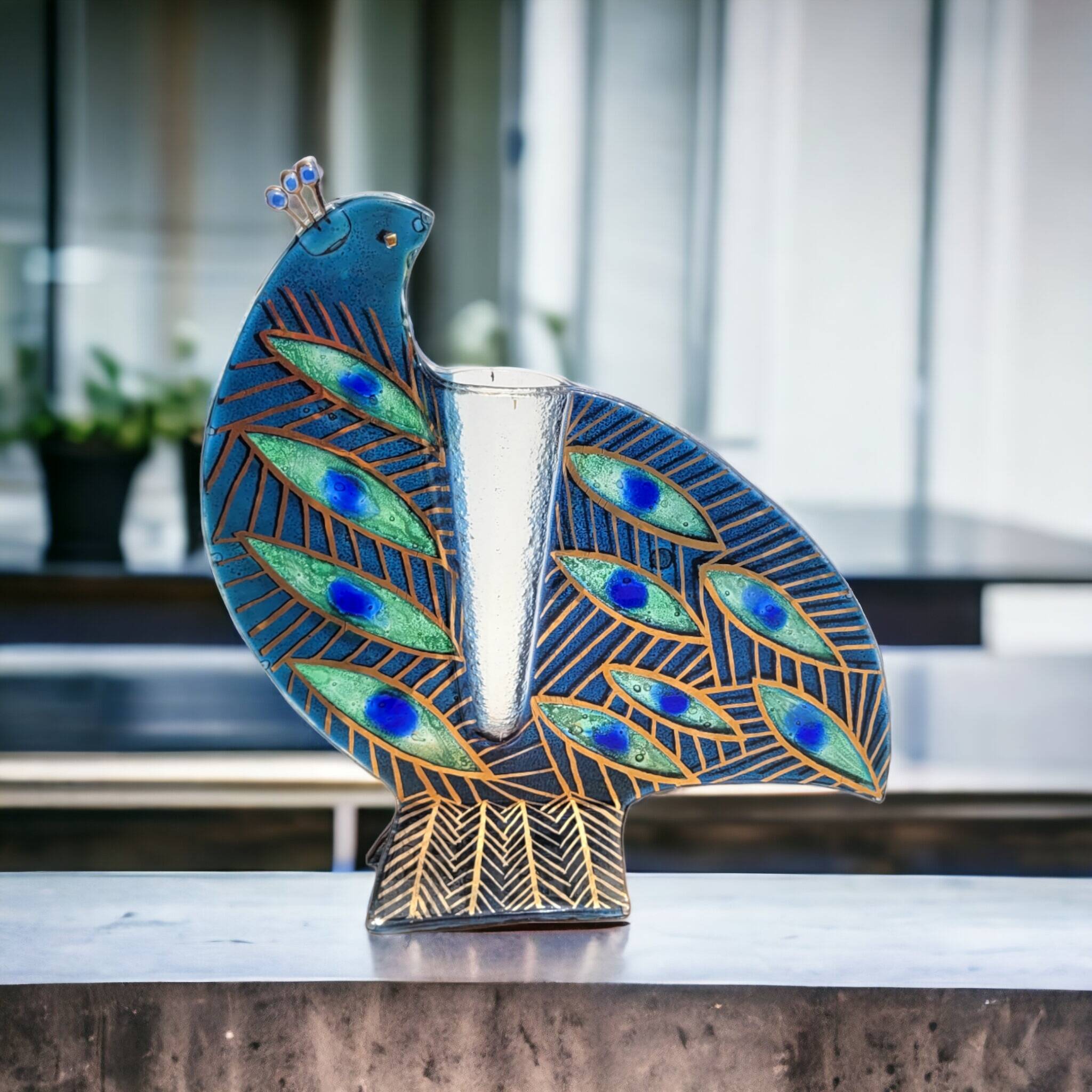 Peacock blue vase in laminated glass