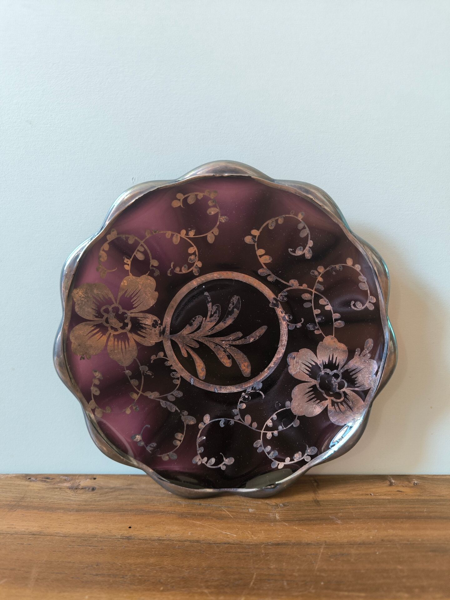 Vintage purple glass plate with silver flower pattern Murano