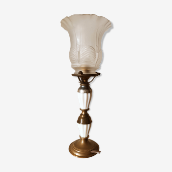 Old brass and opaline lamp