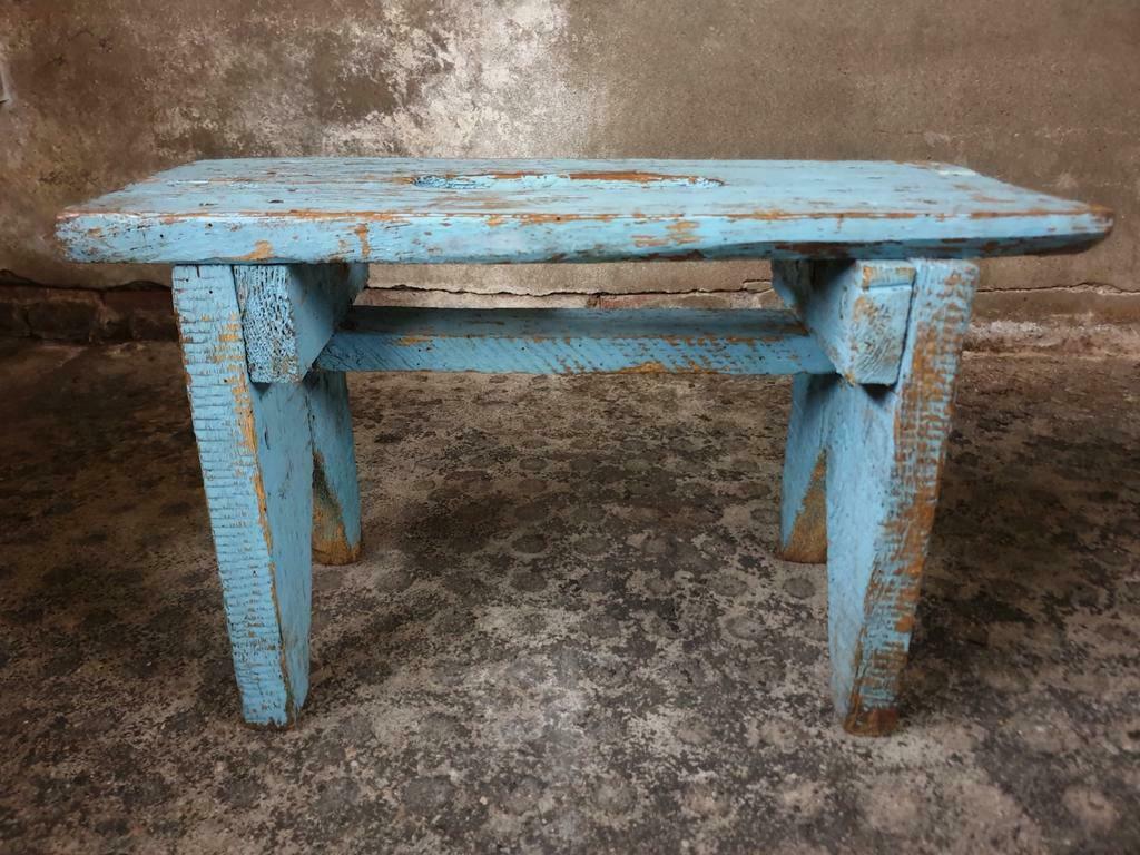Brocante wooden bench stool etagere light blue