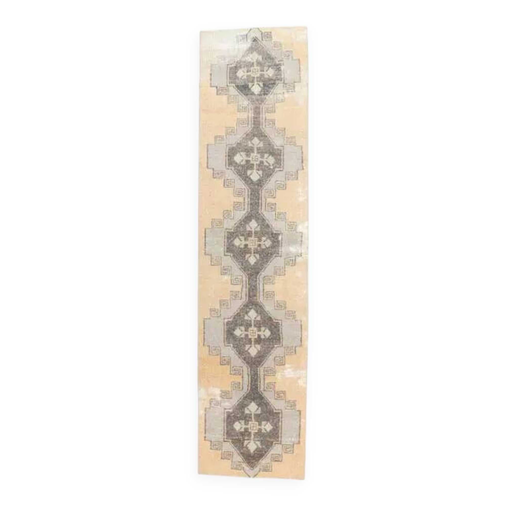 Natural Vintage Geometric Turkish Hand-Knotted Runner Rug 80x341
