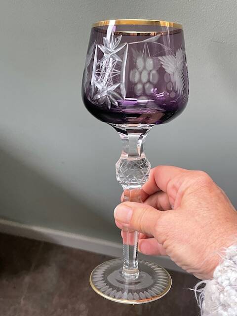 2 large cut and coloured Bohemian crystal glasses