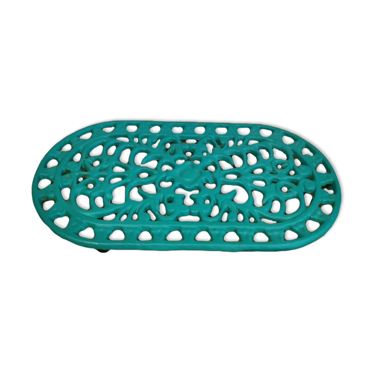 underside of the cast iron dish painted blue