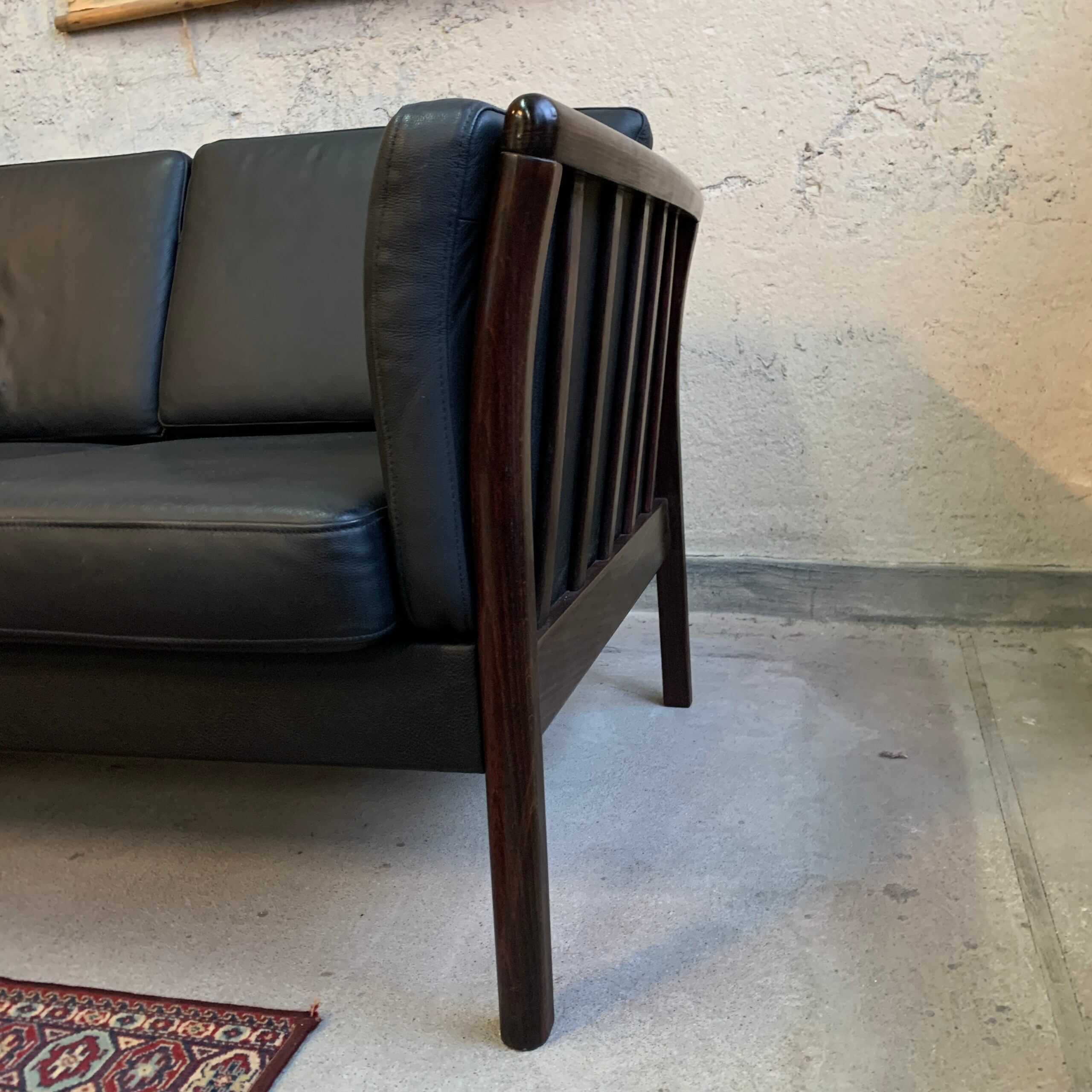 Black 3 seat leather sofa, Denmark 80/90