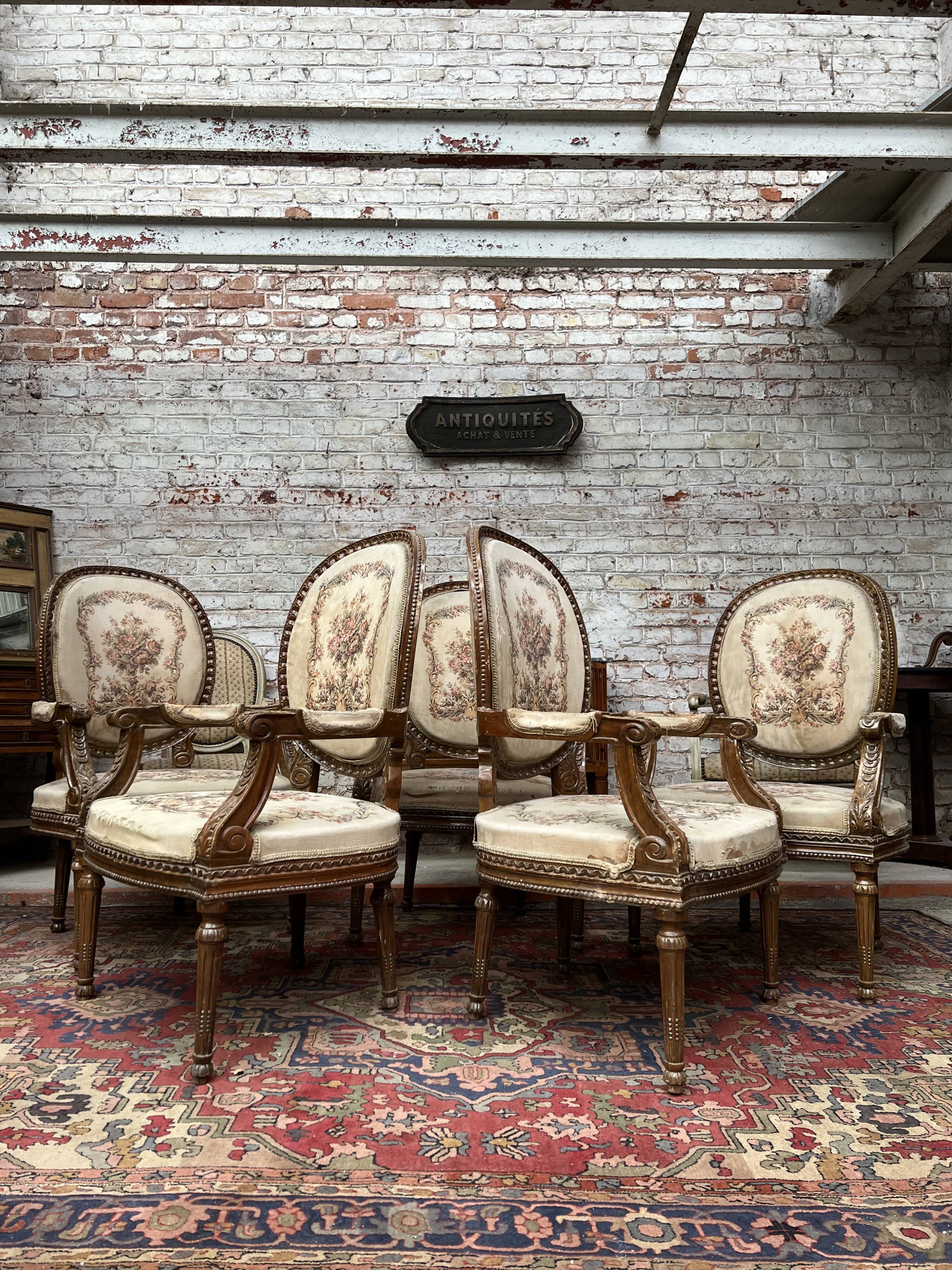 Suite of Five Armchairs with Back Medallion Louis XVI Style
