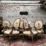 Suite of Five Armchairs with Back Medallion Louis XVI Style