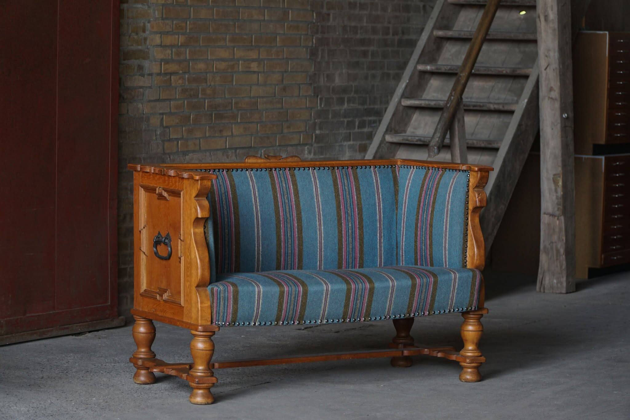 Oak canapé adorned with original upholstery, Nordic classicism, Sweden, 1930s.