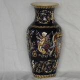 Gien earthenware vase on XX century blue background