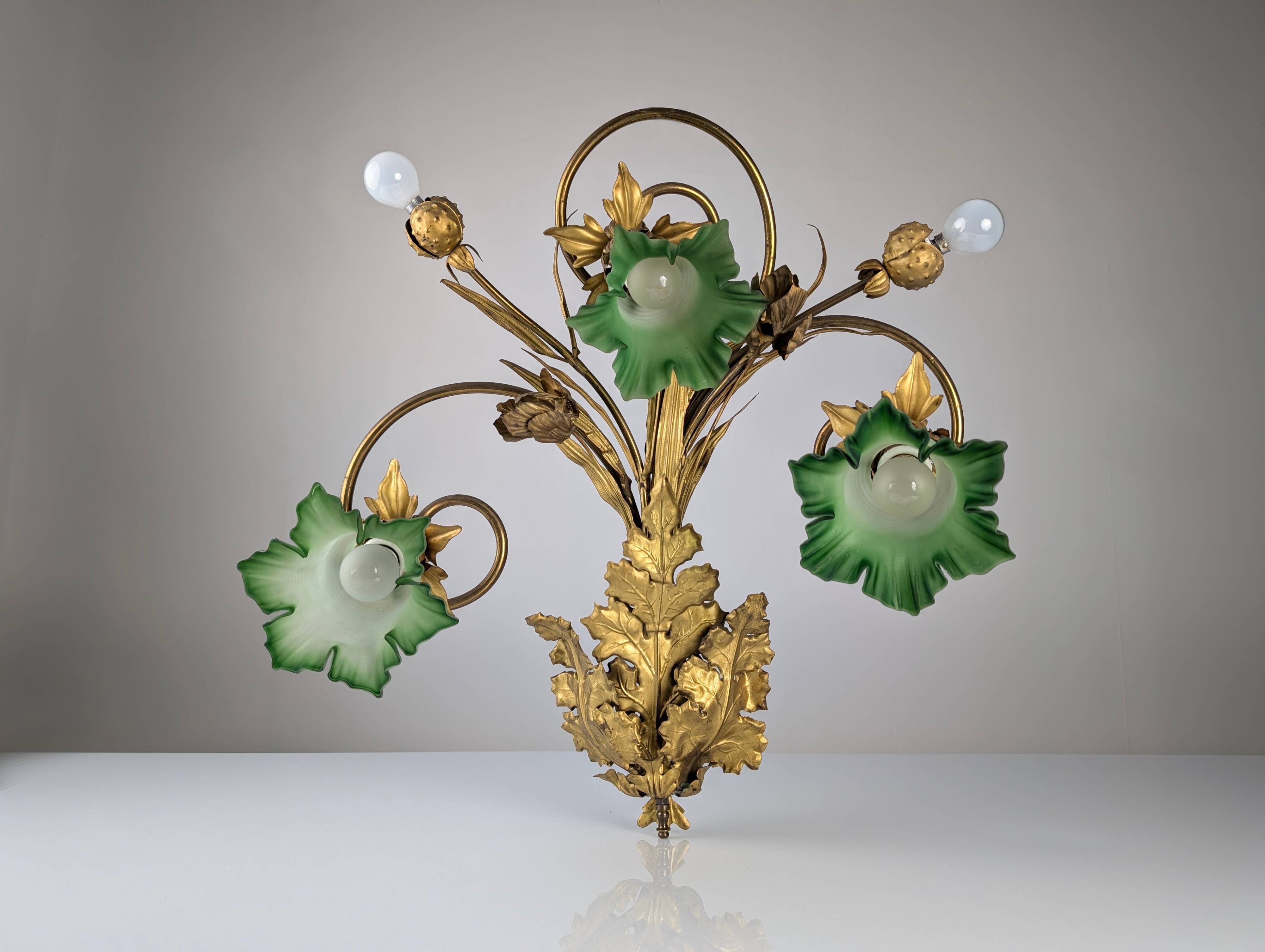 Art Nouveau Chestnut Leaf and Green Glass Sconce, 1900s