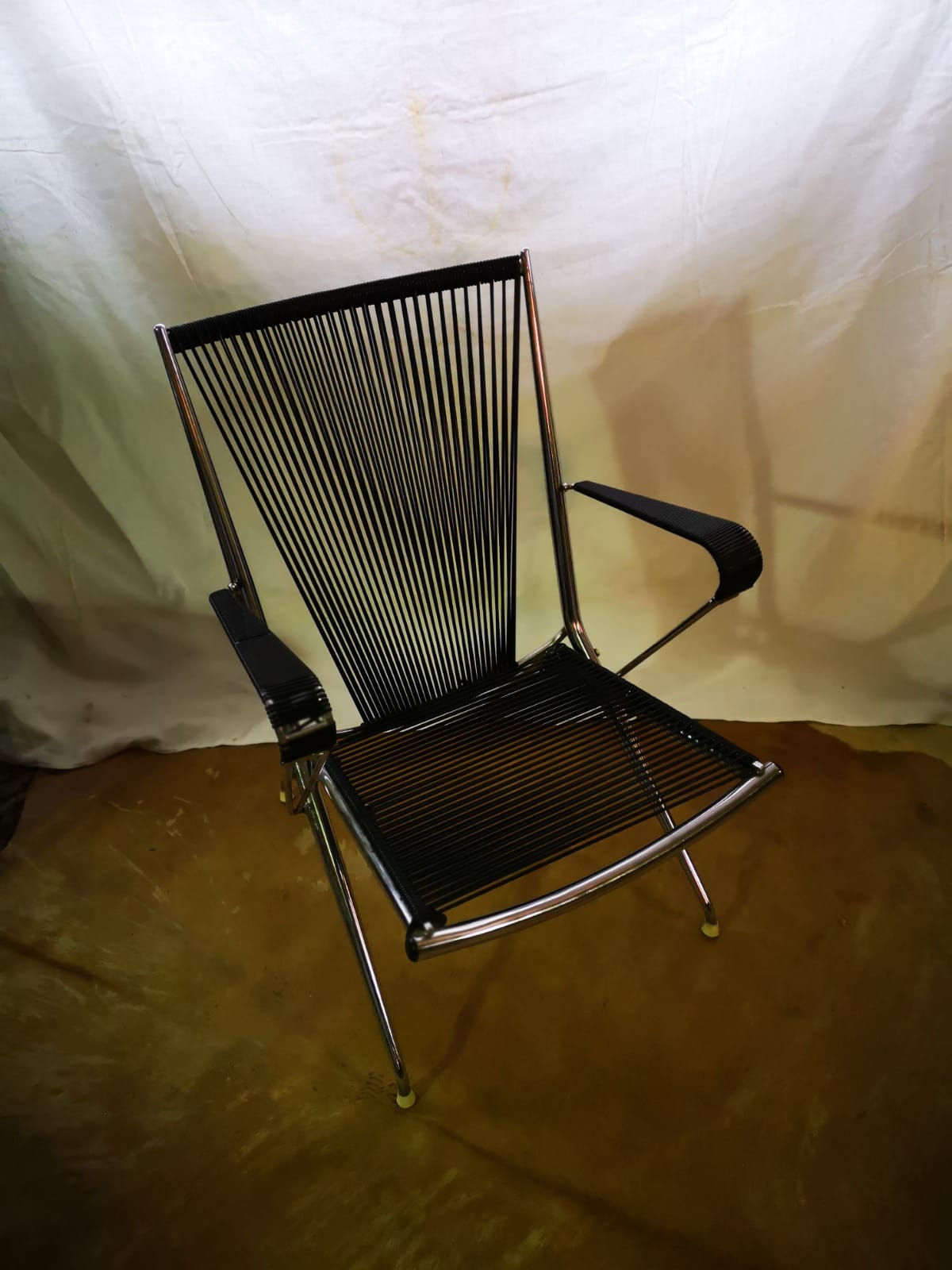 Chromed metal armchair with black scoubidous 1960