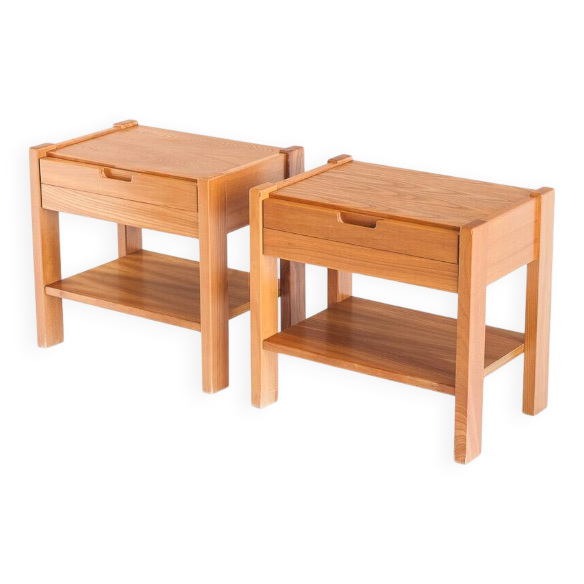 Pair of vintage bedside tables. Elm wood. France, 1970s