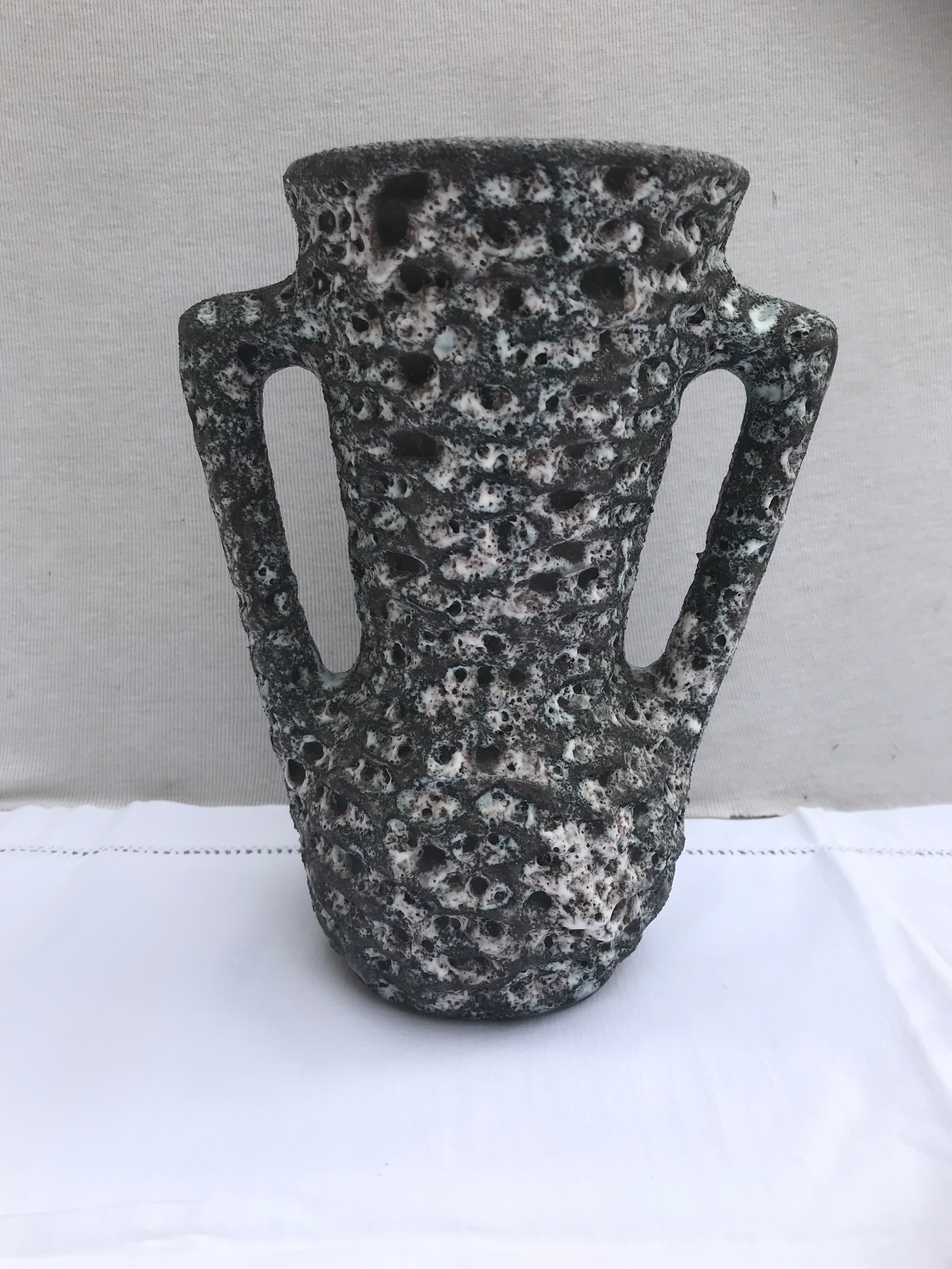 Vintage vase with grey & white skimmer ceramic handles