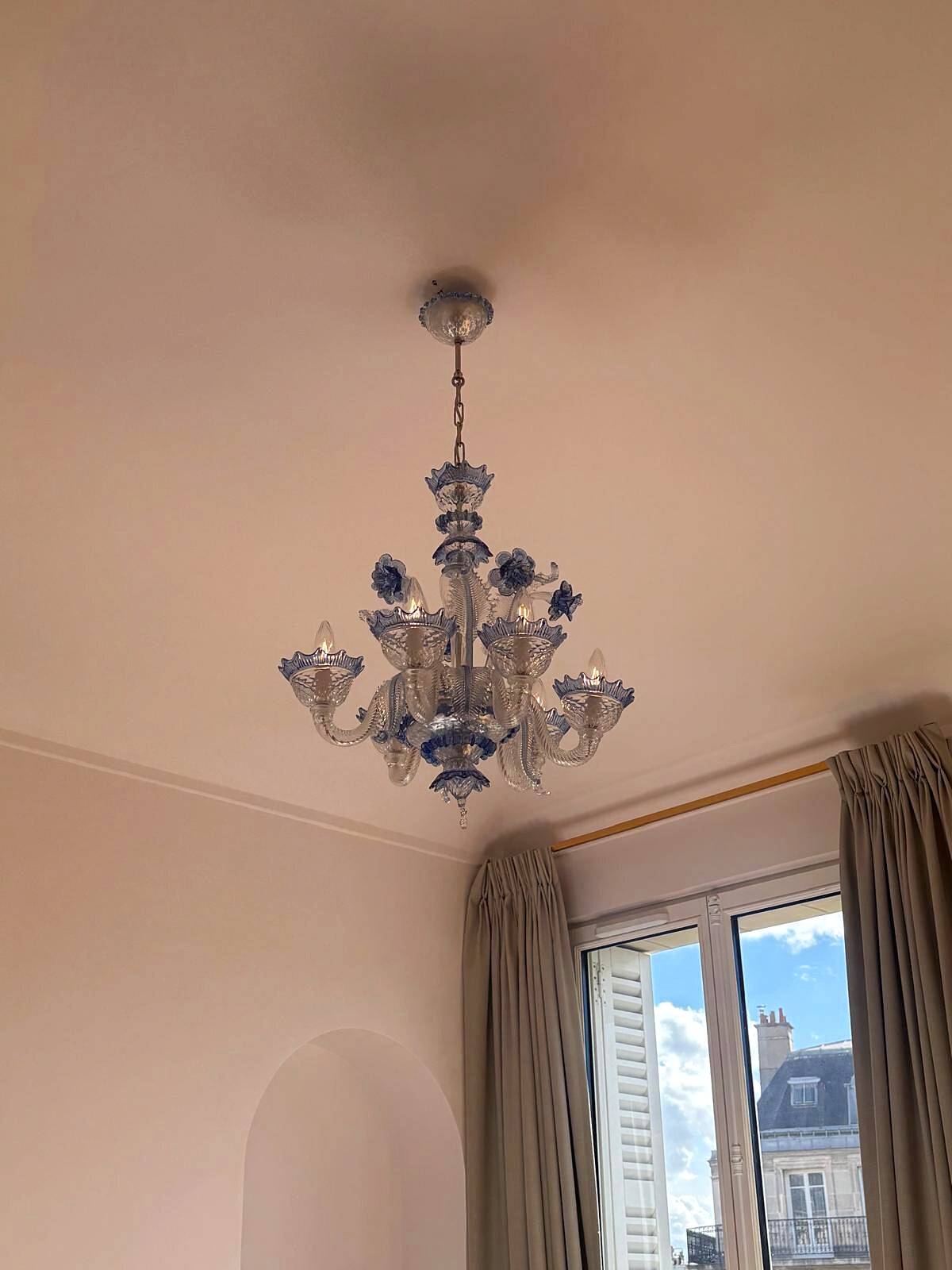 Venetian chandelier in blue Murano glass and crystal, 6 arms