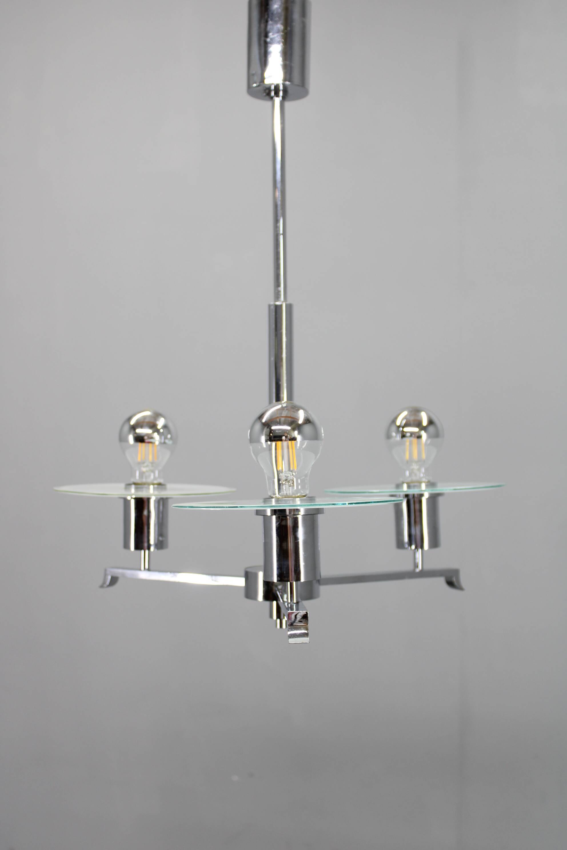 Art Deco chrome and sandblasted glass chandelier, Czechoslovakia, 1940s