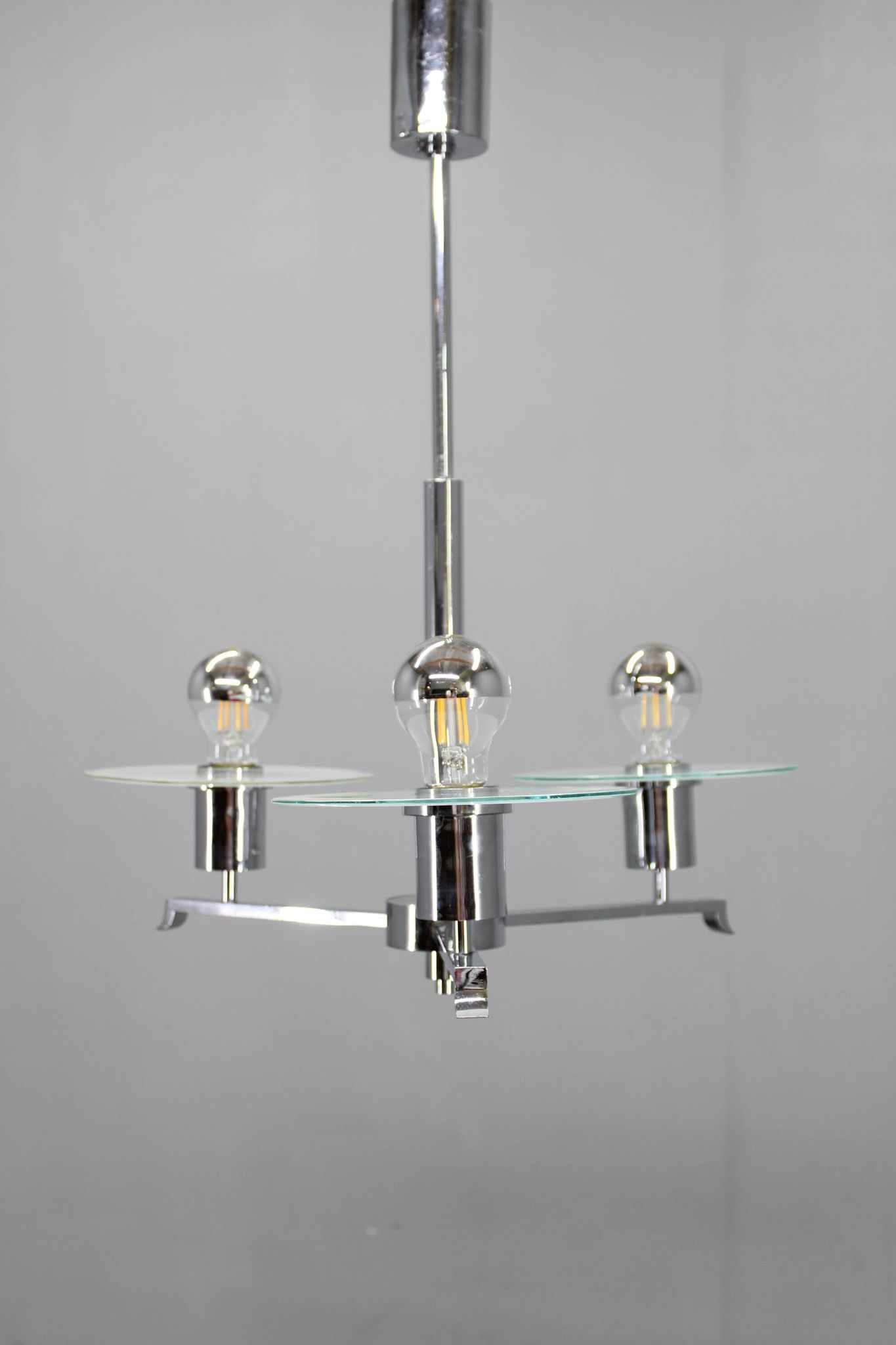 Art Deco chrome and sandblasted glass chandelier, Czechoslovakia, 1940s