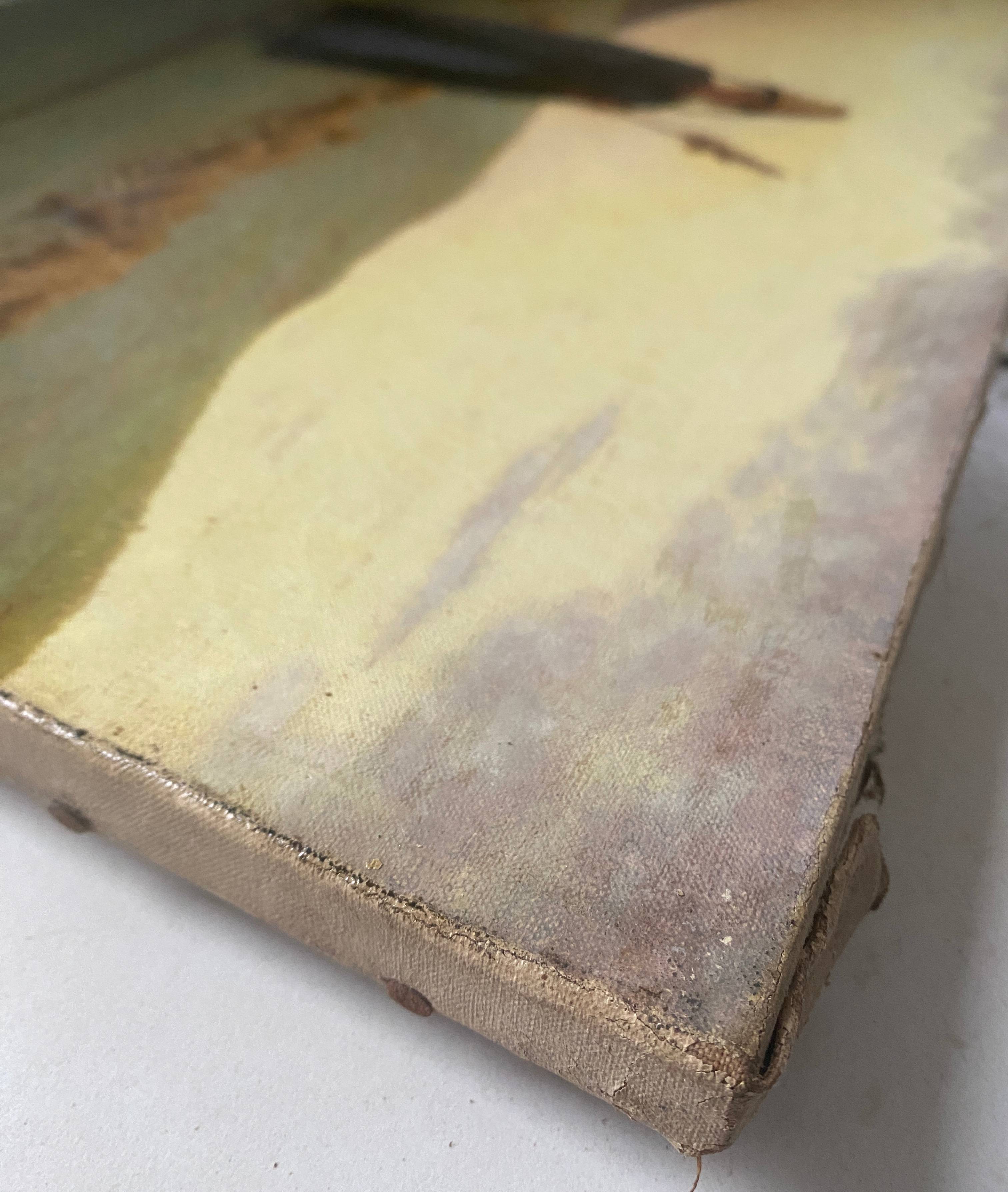 HST painting 19th century Shepherd with sheep and dog in mountain pasture signed A. Treviens