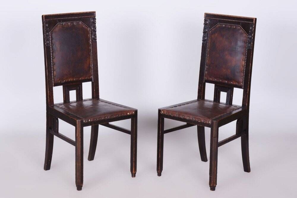 Czech Cubist Chairs in Oak and Red Leather by Josef Gočár, 1910s, Set of 4