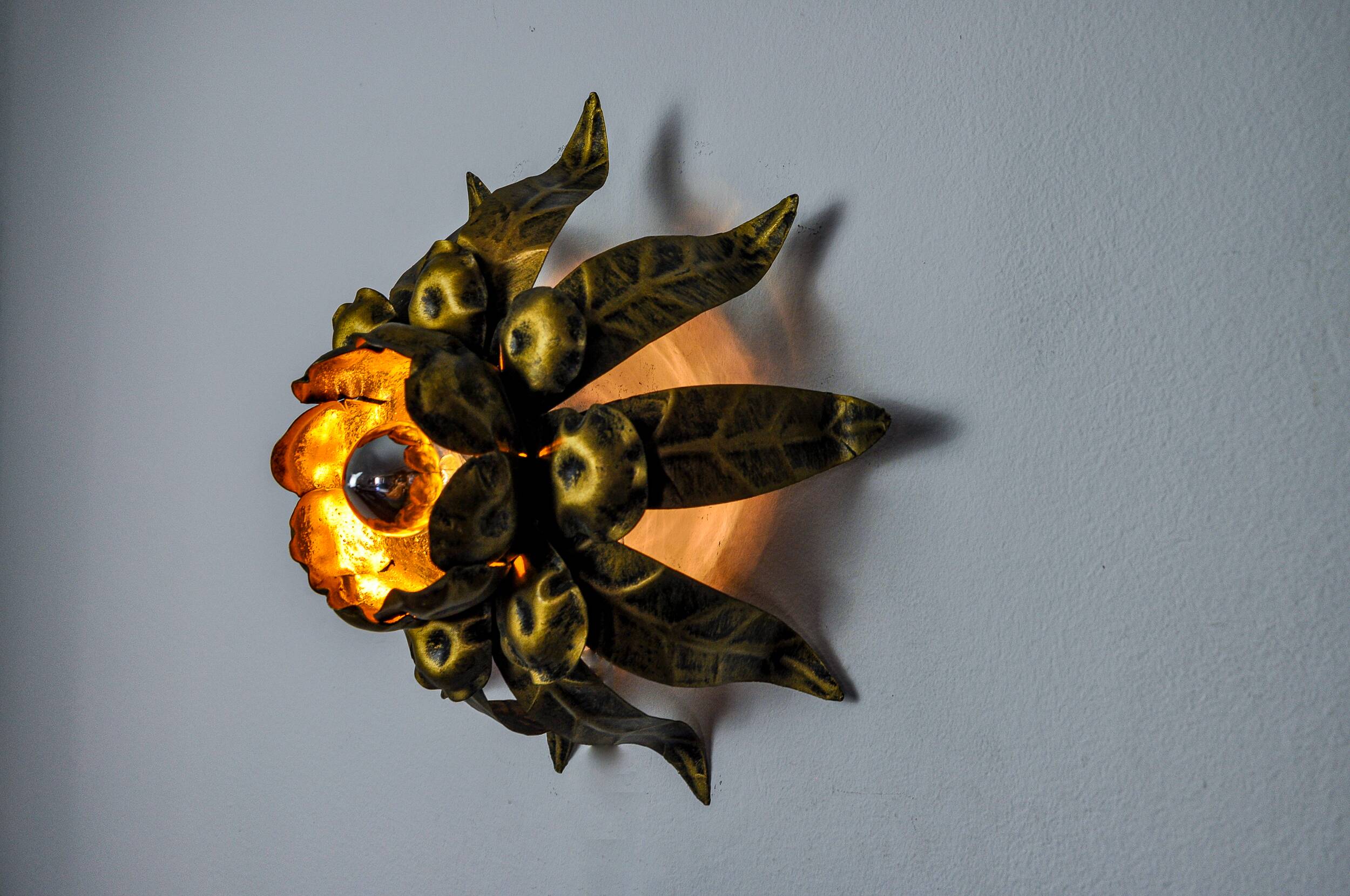 Sun wall lamp by ferro arte, metal and gold leaf, Spain, 1960